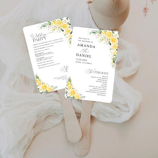 Elegant Yellow Wedding Program Hand Fan Handwaaier