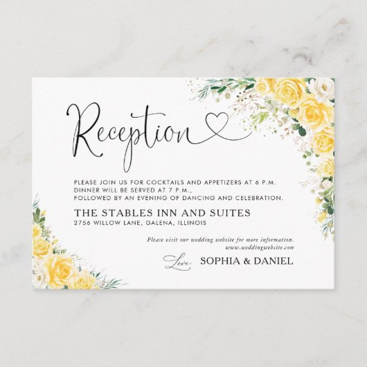 Elegant Yellow Wedding Reception Card Informatiekaartje (Voorkant)