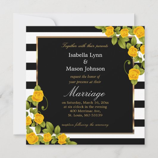 Elegant Yellow Wedding Rozen Black & White Stripes Kaart (Voorkant)