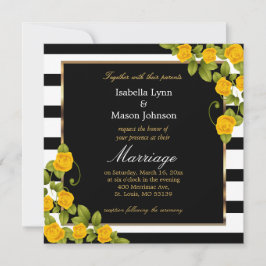 Elegant Yellow Wedding Rozen Black & White Stripes Kaart