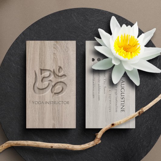 Elegant Yoga Om Symbol Carving Words in Wood Visitekaartje