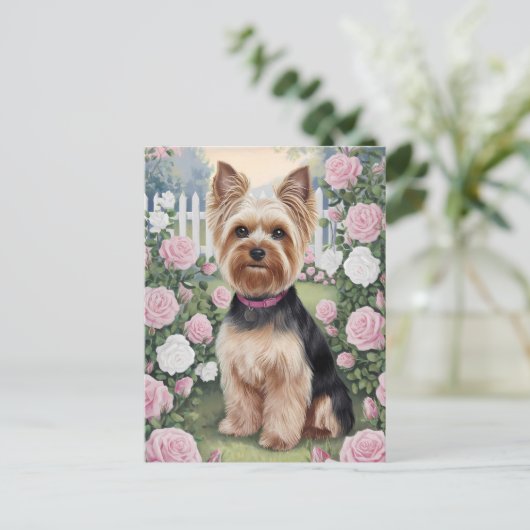 Elegant Yorkshire Terrier Roos Tuinschilderij Briefkaart (Staand voorkant)