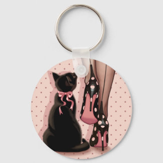 Elegant young woman and black cat sleutelhanger