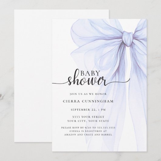 Elegant zacht blauw boog Baby shower uitnodiging (Voorkant / Achterkant)