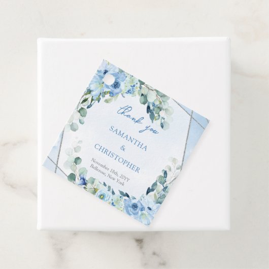 Elegant zacht blauw waterverf bloemenzilveren brui bedankjes labels (In situ)