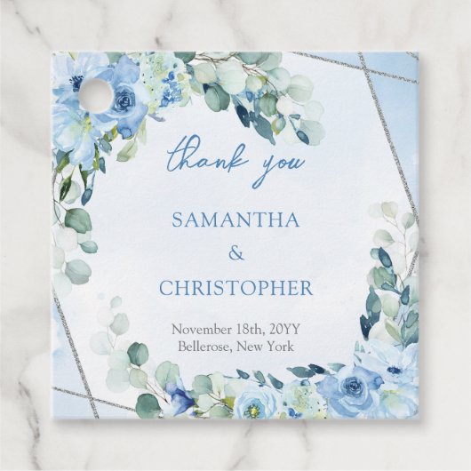 Elegant zacht blauw waterverf bloemenzilveren brui bedankjes labels (Voorkant)