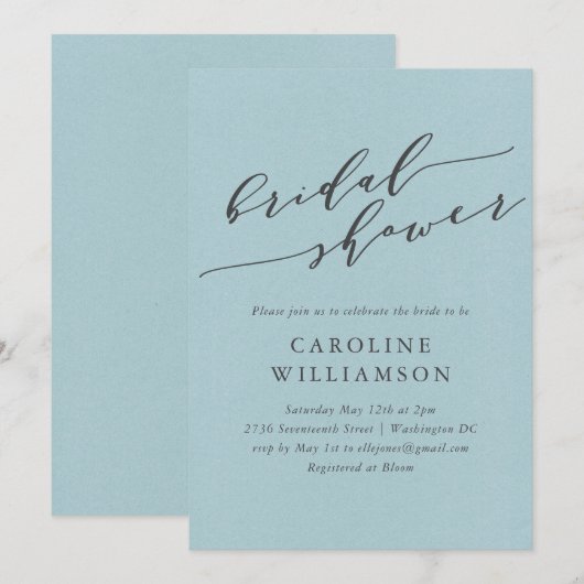 Elegant zacht licht blauw script Vrijgezellenfeest Kaart (Voorkant / Achterkant)