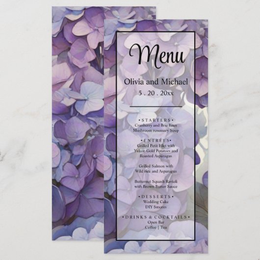 Elegant zacht licht paarse bloemen menu (Voorkant / Achterkant)