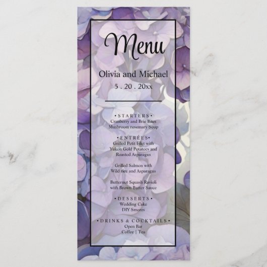Elegant zacht licht paarse bloemen menu (Voorkant)