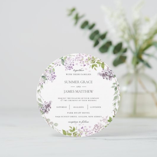 Elegant Zacht Lila Paarse Bloemen Groen Bruiloft Kaart (Staand voorkant)