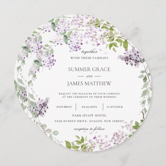 Elegant Zacht Lila Paarse Bloemen Groen Bruiloft Kaart (Voorkant / Achterkant)