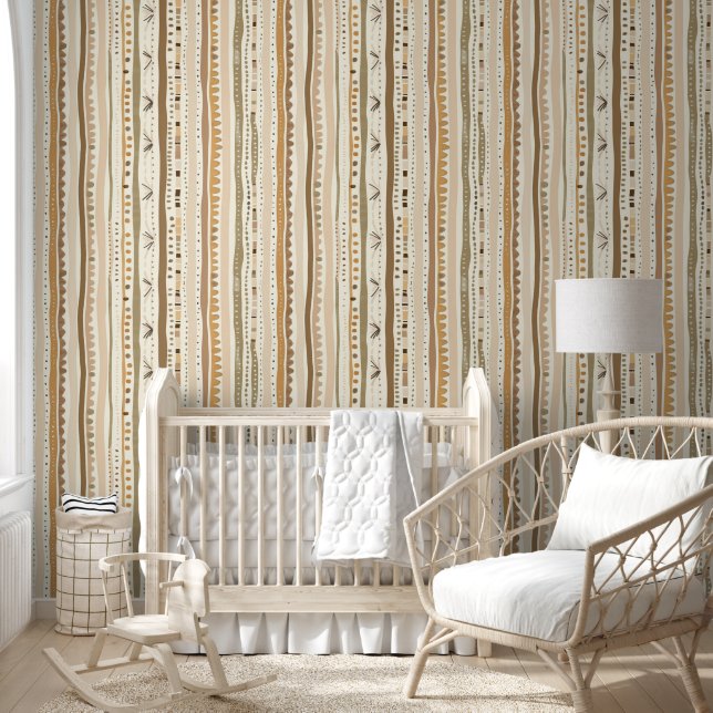 Elegant Zacht Neutraal Bruin Beige Boho Lijn Patro Behang (Kinderen)