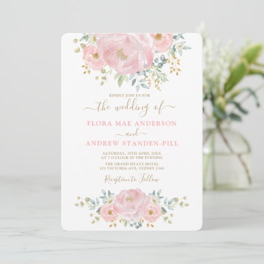 Elegant Zacht Roze Bloemen Pioen + Groen Bruiloft Kaart (Staand voorkant)
