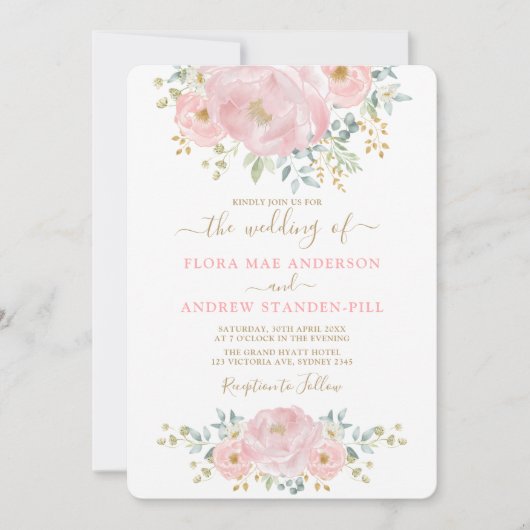 Elegant Zacht Roze Bloemen Pioen + Groen Bruiloft Kaart (Voorkant)