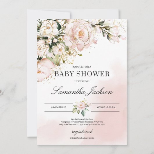 Elegant Zacht roze bloemengoud boho baby shower Kaart (Voorkant)