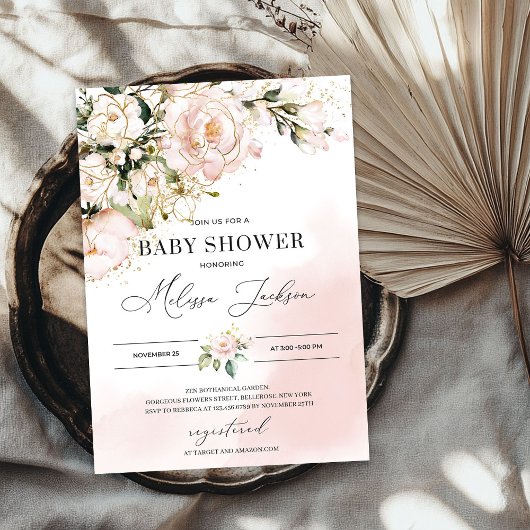 Elegant Zacht roze bloemengoud boho baby shower Kaart