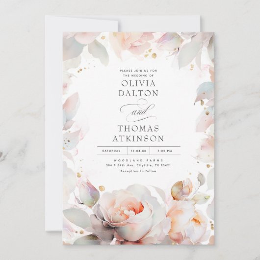 Elegant Zacht Roze Perzik Bloemen Boho Bruiloft Kaart (Voorkant)