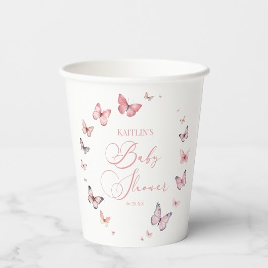 Elegant zacht roze vlinder Baby shower Papieren Bekers (Achterkant)