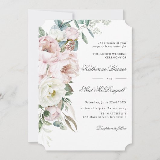 Elegant Zachte Blush Ivoor Pioenen Bloemen Bruilof Kaart (Voorkant)