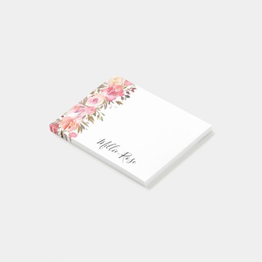 Elegant zalm Roze Floral Name Post-it® Notes (Schuin)