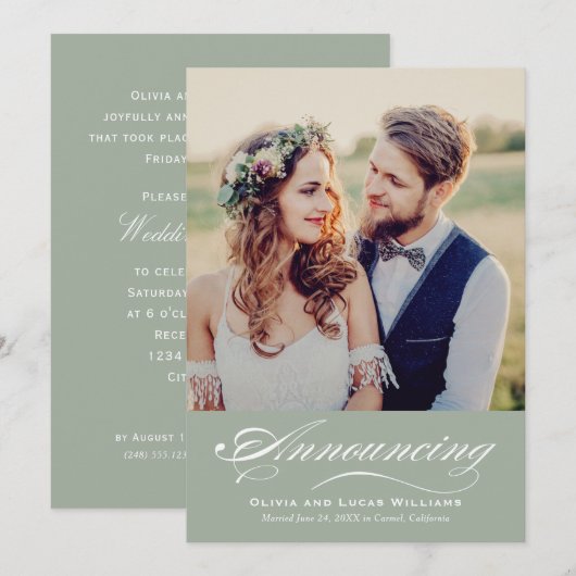 Elegant Zalmkleurig Schrift Bruiloftfoto Ontvangst Kaart (Voorkant / Achterkant)