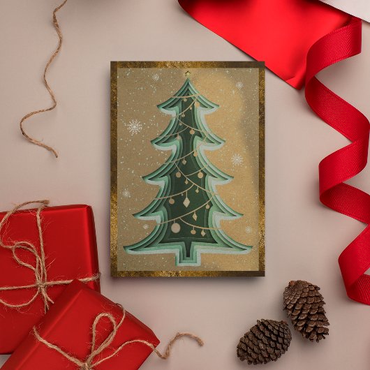 Elegant Zand Bruin Glitter Papercut Kerstboom Feestdagenkaart