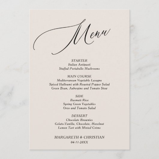Elegant zand minimalistische bruiloft menu (Voorkant)