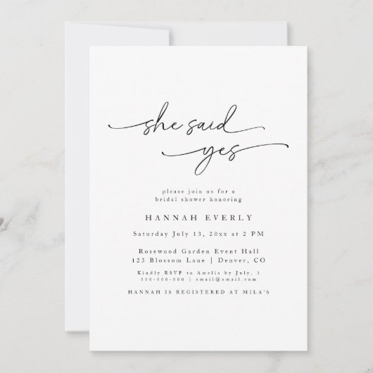 Elegant "Ze zei ja" bruids douche uitnodiging (Voorkant)