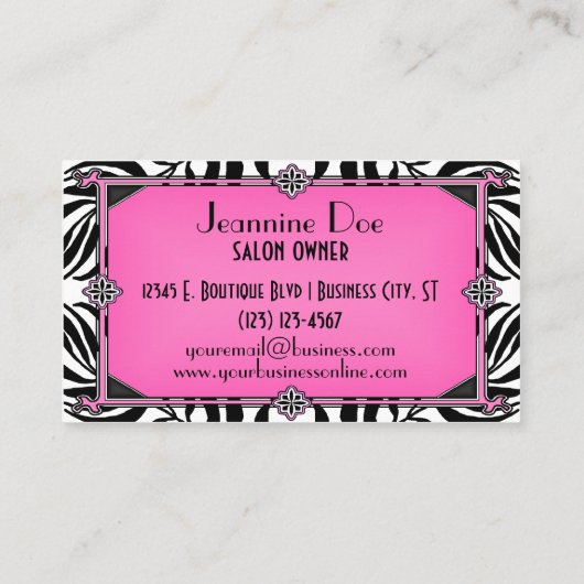 Elegant  Zebra Art Deco Pink Diamond Visitekaartje (Achterkant)