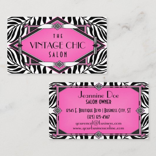 Elegant  Zebra Art Deco Pink Diamond Visitekaartje (Voorkant / Achterkant)