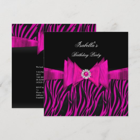 Elegant Zebra Birthday Party Hot Pink Black Kaart (Voorkant / Achterkant)