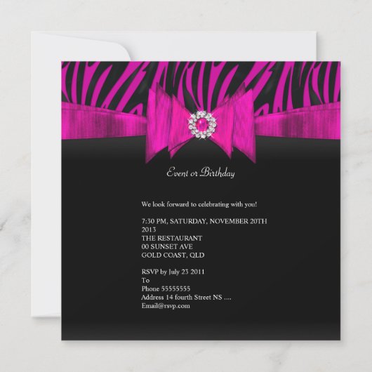 Elegant Zebra Birthday Party Hot Pink Black Kaart (Achterkant)