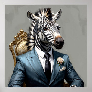 Elegant Zebra in Blue Suit Portrait Painting Poster