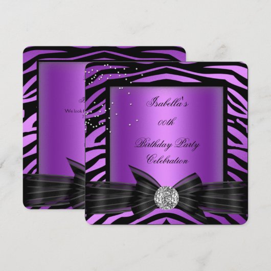 Elegant Zebra Paars Diamond Bow Birthday Party Kaart (Voorkant / Achterkant)