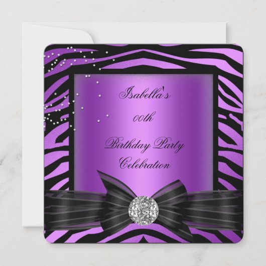 Elegant Zebra Paars Diamond Bow Birthday Party Kaart (Voorkant)