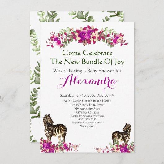 Elegant Zebra Pink Floral Baby shower uitnodiging (Voorkant / Achterkant)