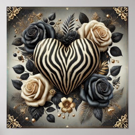 Elegant Zebra Print Hart & Rozen Poster (Voorkant)