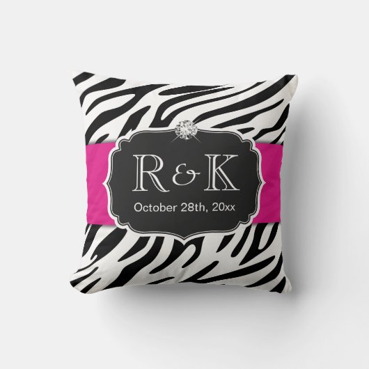 Elegant Zebra Print Hot Pink Weddenschap Initialen Kussen (Voorkant)