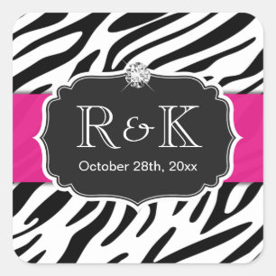 Elegant Zebra Print Hot Pink Weddenschap Initialen Vierkante Sticker