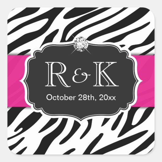 Elegant Zebra Print Hot Pink Weddenschap Initialen Vierkante Sticker (Voorkant)