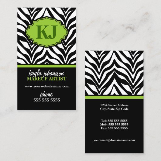Elegant Zebra Print Monogram Visitekaartje (Voorkant / Achterkant)