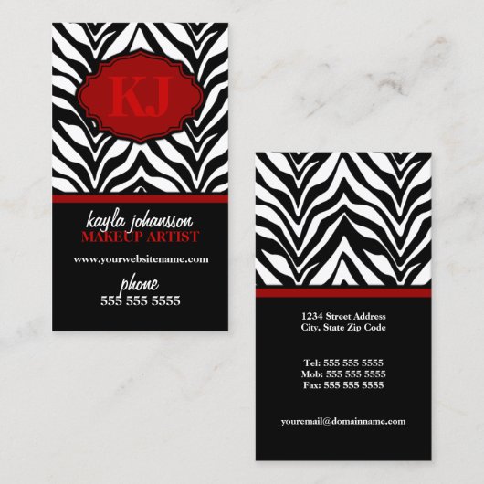 Elegant Zebra Print Monogram Visitekaartjes (Voorkant / Achterkant)