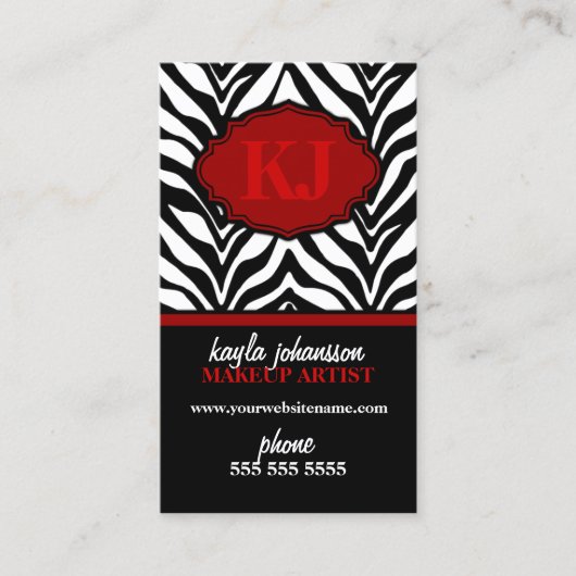 Elegant Zebra Print Monogram Visitekaartjes (Voorkant)