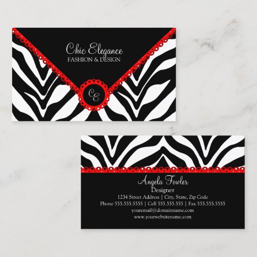 Elegant Zebra Print & Red Lace Visitekaartje (Voorkant / Achterkant)