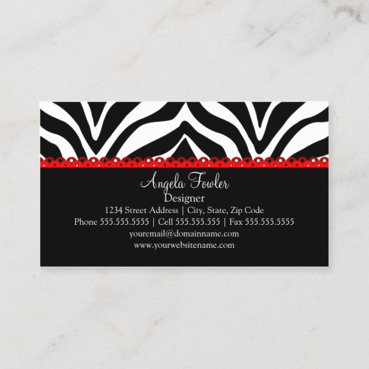 Elegant Zebra Print & Red Lace Visitekaartje (Achterkant)