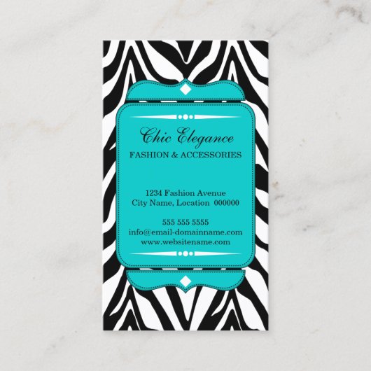 Elegant Zebra Print Turquoise Visitekaartje (Voorkant)