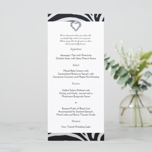 Elegant Zebra Stripe Wedding Menu (Staand voorkant)