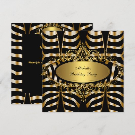 Elegant Zebra Wild Gold Black Birthday Party Kaart (Voorkant / Achterkant)
