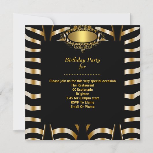 Elegant Zebra Wild Gold Black Birthday Party Kaart (Achterkant)