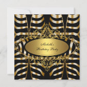 Elegant Zebra Wild Gold Black Birthday Party Kaart (Voorkant)